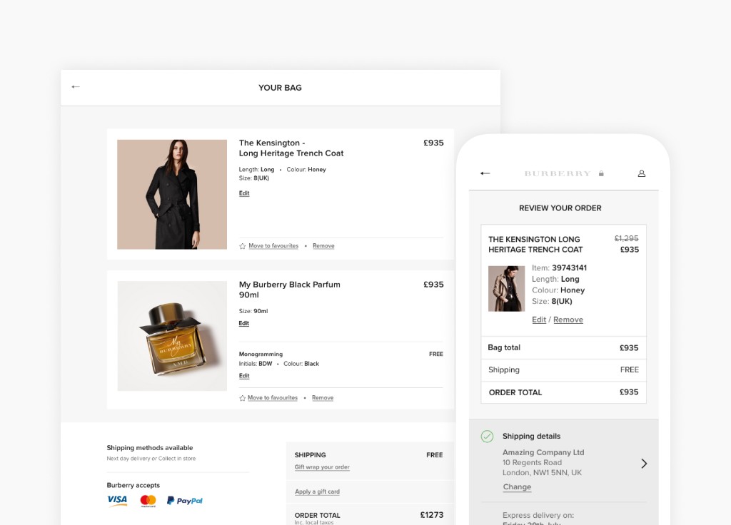 Burberry checkout flow UI across layered mobile screens