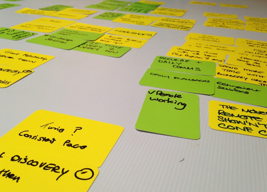 Workshop sticky notes including cadence and collaboration themes