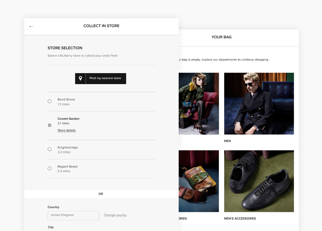 Burberry bag and order review layouts on desktop and mobile