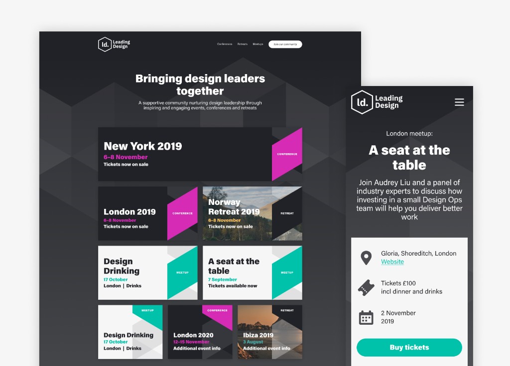 Leading Design homepage with desktop and mobile layouts, event cards and community hero