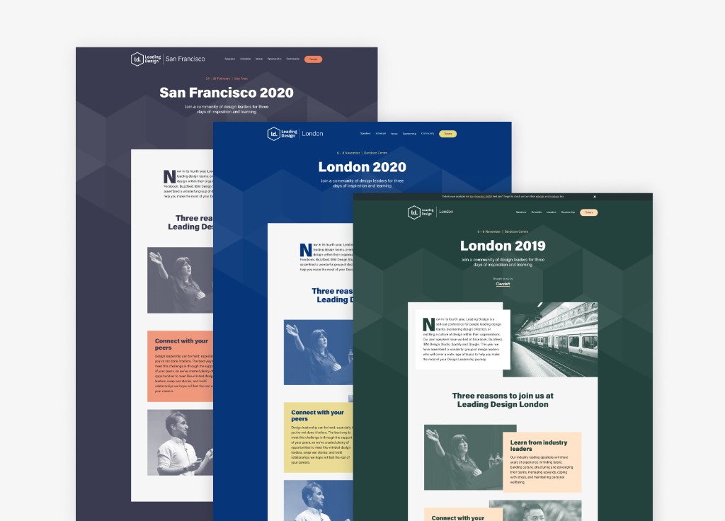 Three Leading Design conference landing pages with distinct hero colours for different cities and years