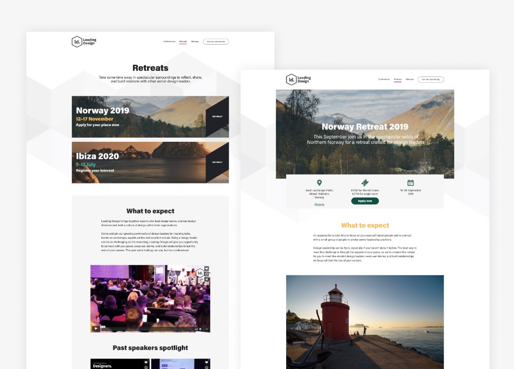 Leading Design retreats listing and Norway retreat detail pages