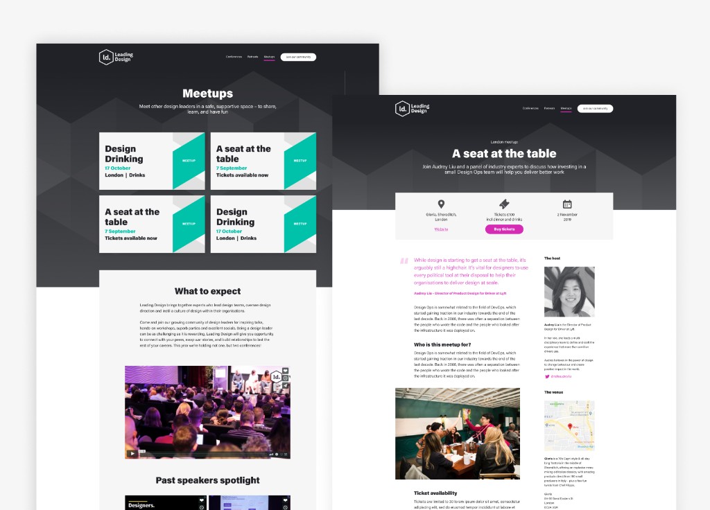 Leading Design meetups hub and single meetup event page with speaker and venue modules
