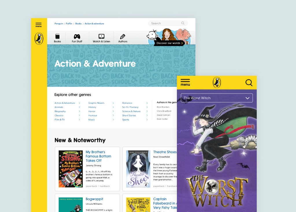 Puffin Action and Adventure category page with desktop layout and mobile Worst Witch title view